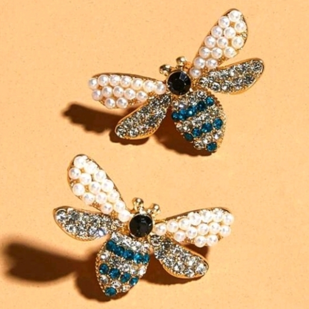NEW! 14K Gold Plated Bee Design Earrings with Petite Pearl & Blue Accents